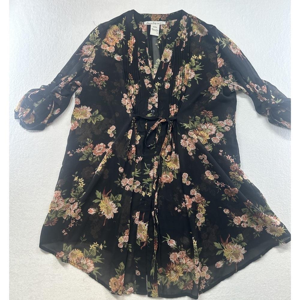 American Rag Cie Women's Black V-Neck Ruffle Blouse Size Large